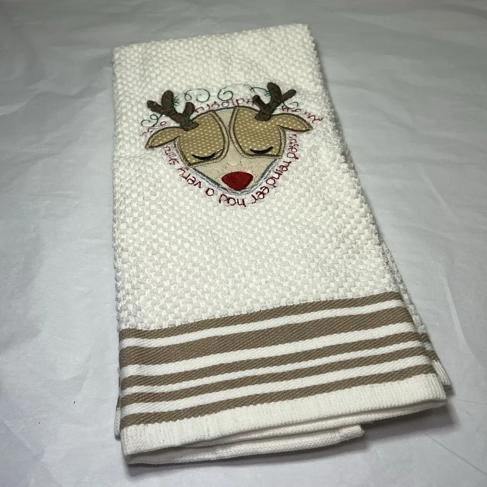 Personalized Embroidered Reindeer Christmas kitchen towel Holiday Rudolph Dish